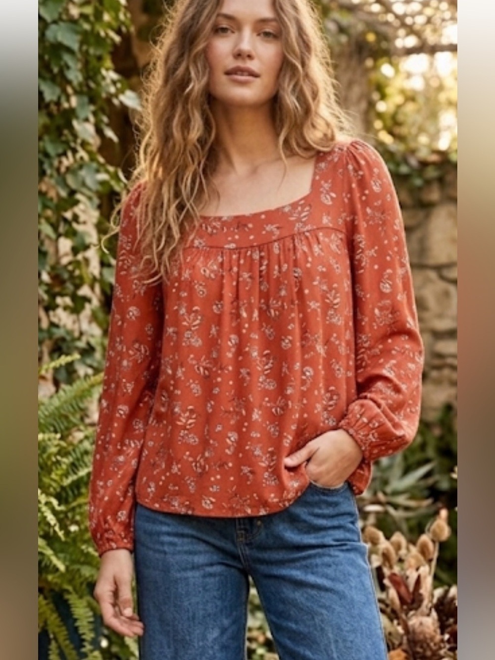 Lucky Brand Rust Floral Peasant Top Boho Flowy Blouse Small